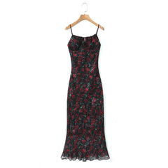 Hnewly Midi dresses for women Summer bodycon dresses sexy vintage clothes dress elegant black dress front tie vintage floral dress