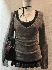 Hnewly Fashion Vintage V-neck Knitted Tops Women Early Autumn Winter New Sweaters Slim Long Sleeve Pullovers Lace Vest 2 Piece Set