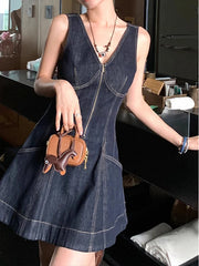 Hnewly French Vintage Elegant Denim Mini Dress Summer Sleeveless for Woman High Waist Pleated Dresses Spring V Neck Party Dress