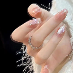 Lunivop 10pcs Handmade Girls Glued Press on Nails Pink Self-adhesive False Nails with Glue Medium Long Square Winter Stick-on Nails