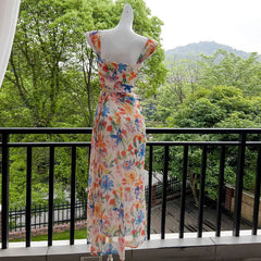 Hnewly Fashion Women Dress Sleeveless Square Collar Print Female Summer Evening Party Dresses New Tide