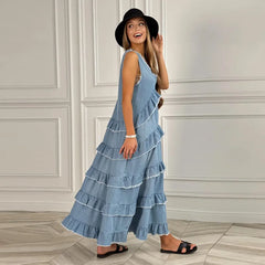Hnewly Loose Ruffles Edging Denim Long Dress Women Casual V-neck Sleeveless Female Cake Dresses Summer Lady Fashion Vacation Robe