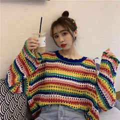 Hnewly Rainbow Ladies Sweater Kawaii Tops with Headings Harajuku Crochet Knitted Sweaters for Women Cute Cashmere Autumn Trend New