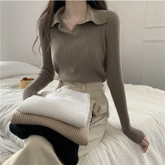 Hnewly FALL OUTFITS Knitted T Shirts For Women Clothes Streetwear High Quality Clothing Womens Polo Neck Tee Shirt Aesthetic Hot Top Vintage Striped