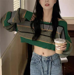 Hnewly Women Fashion Cropped Sweater Sexy Tops Women Black White Striped Loose Pullover Knitted Sweater Fashion Jumper