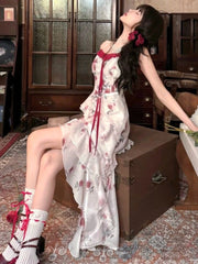 Hnewly French Elegant Evening Party Mini Dress Women Vintage Y2k Slim Bow Print Irregular Design Strap Dress Summer Beach Style Fashion