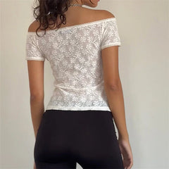 Hnewly Lace Tops for Women Fairycore Clothing Off Shoulder Hollow Out Short Sleeve Tshirt with Little Flower Decor y2k Clothes