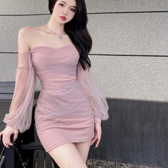 Hnewly French Sexy Halter Mesh Party Strapless Dress Women Spring Elegant Long Sleeve Slim Waist Wrapped Short Dresses Vestido