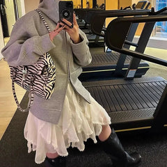 Hnewly Ruffle Lace Splicing Half Skirt for Women Elegant and Sweet Cake Skirt High Waist Lace Chiffon Half Skirt