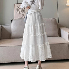 Hnewly Elegant Lace Patchwork White Cake Skirt Women Summer Hollow Out Draped Long Skirts Lady Casual A-Line Elastic Waist Skirt Mujer