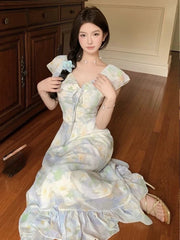 Hnewly Dresses Women Temperament Floral Printed Ruffles Patchwork Bandage V Neck Elegant Summer Fashion Female Dress Casual