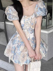 Hnewly DRESS TO IMPRESS French Elegant Square Collar Print Mini Dress Women Fairy Puff Sleeve Sweet Bow Dresses Summer New Fashion Evening Party Dress