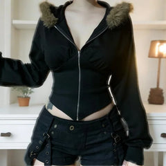 Hnewly y2k Jacket Women Punk Gothic Clothes Solid Color Fur Collar Zip Up Long Sleeve Coat 2000s Grunge Clothing Streetwear