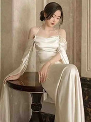 Hnewly Elegant Korean Silk Midi Dress Women Spring Vintage Backless Party Dress French Evening Casual Dress Female Design Wedding