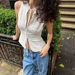 Hnewly y2k Tank Top Women Summer Clothes White Flower Embroidery Mock Neck Front Cutout Sleeveless T Shirt Vest Streetwear
