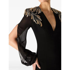 Lunivop Black Jersey Evening Dress Crystal Long Sleeves Elegant Women's Long Dresses V-Neck Floor Length Evening Gowns