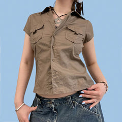 Hnewly Women Khaki Safari Shirts with Pocket Casual Short Sleeve Work Tshirt Vintage Street Outfits Button Up Crop Tops