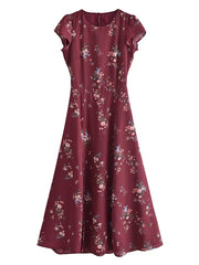 Lunivop Vintage French Style Wine Red Floral Backless Split Midi Dress Elegant Woman Hollow Out Hole Short Sleeve Dresses Vestido