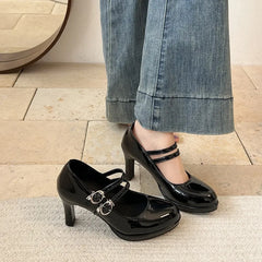 Lunivop Designer Luxury Patent Leather Thick Heel Women Mary Jane Shoes Fashion Belt Buckle Shoes Ladies Elegant Dress Dancing Pumps