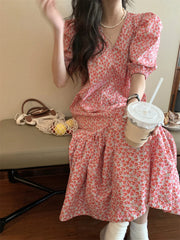 Hnewly Puff Sleeve Aesthetic Dresses for Women Summer Floral Printing Draped V-neck Harajuku Korean Style Spliced Sweet Girlish Retro