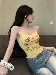 Hnewly Sexy Camis Women Sweet Cartoon Printed Slim Backless Summer Fashion 2025 Crop Tank Tops Party Clubwear Casual Top