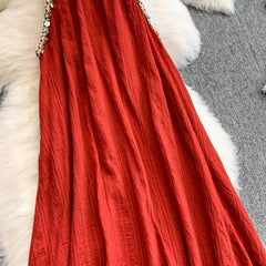 Hnewly Bohemian Vacation Style Red Dress Design Sense Tassel Irregular Loose Dresses French Style High-end Sleeveless Long Dress