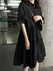 Hnewly Slimming Vintage Black Dress Summer New Style Fashionable Casual Wear Polyester Fiber Short Sleeve Standard Fit Gored Skirt