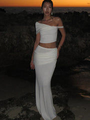 Hnewly Elegant Fashion 2 Piece Set Women Irregular Skew Collar Backless Crop Top+Ruched Skirts Summer Trend Beach Style Suit