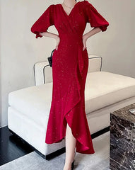 Hnewly Elegant Midi Red Mermaid Dress Women Autumn Korean Sexy V-neck Irregular Sequins Dress Vintage Casual Evening Party Dress