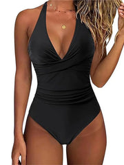 Hnewly S - XXL Wrinkled Halter V Neck One Piece Swimsuit Women Swimwear Female Monokini Backless Bathing Suit Swim Beachwear Bodysuit