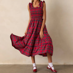Hnewly Women's Christmas Red Plaid Print Aesthetic Long Dress Elegant Flowy A Line Ruffle Dresses Cute Xmas Holiday Party Dress