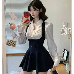 Hnewly spring birthday outfit Preppy Style Vintage Fashion Suit Woman White Shirt + Short Coat High Waist Slim Y2k Mini Dress Japanese Elegant Set 2025 Chic