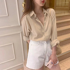 Hnewly Long Sleeve Apricot Shirt Women Рубашка Женская Spring All-match Simple Basic Korean Fashion New Design Cozy Casual Ins Hot Sale