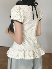 Hnewly Fashion Chic Cute Sweet Women Causal T-Shirts Short Sleeves Ruffly Polka Dot Prints Edible Tree Fungus Blouses