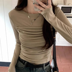 Hnewly Mesh Top y2k Clothing Women Sheer See Through Round Neck Long Sleeve Ruched T Shirt 2000s Aesthetic Clothes Streetwear