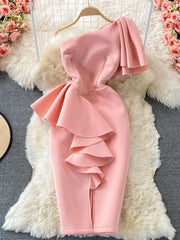 Hnewly Christmas DRESS TO IMPRESS Sweet Style Y2K Long Dresse For Women Three-dimensional Ruffles Split Diagonal Collar Dresses Spring Summer New
