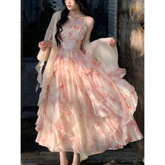Hnewly 2 Piece Dress Sets Women Elegant Chiffon Summer Casual Slim Strap Dress + Fairy Cardigan Fashion Chic Vintage Suit Even Party