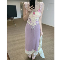 Hnewly Heavy-Work Knitted Purple Strap Dress Women's French Vintage Design Sensation Beauty Flower Banquet Empire Waist Gown