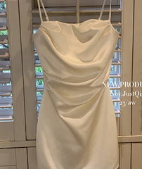 Hnewly DRESS TO IMPRESS White Pleated Satin Spaghetti Strap Women's Dresses Summer High Street Solid Color Slash Neck Sleeveless Elegant Dress