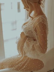 Hnewly Sexy Perspective Pearl Maternity Photography Long Dress Full Sleeve Beading Tulle Long Dress for Pregnant Women Photo Shoot