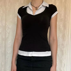 Hnewly Preppy Style Fake Two-piece Cropped Top Chic Patchwork Turn Down Neck Short Sleeve T-shirt y2k Harajuku Women Black Shirt
