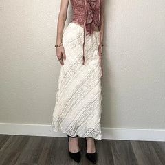 Hnewly Elegant Solid White Lace Skirt with Slit y2k Aesthetic Low Rise All-match Straight Long Skirts for Women Vintage Clothing