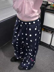 Hnewly Vintage Polka Dot Wide Leg Pants for Women Causal Y2k Aesthetic Drawstring Trousers Harajuku Autumn Pocket Loose Bottoms