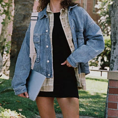 Hnewly Denim Jacket Women y2k Clothes Solid Color Turn-down Collar Single Breasted Long Sleeve Jeans Coat 2000s Streetwear