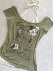 Hnewly Summer Fake Two Pieces Halter Bandage Vintage T-shirts Y2k Aesthetic Slim Crop Tops Women Grunge Print Harajuku Casual Sexy Tee