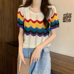 Hnewly Korean Sle ort Sve Knitted Top Hollow out Dstring Design Summer New Version Retro Length Women's Faion