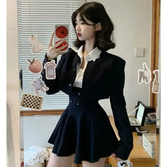 Hnewly spring birthday outfit Preppy Style Vintage Fashion Suit Woman White Shirt + Short Coat High Waist Slim Y2k Mini Dress Japanese Elegant Set 2025 Chic