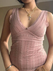 Hnewly Pink Sweet Slim Sleeveless V Neck Cute Y2K Lace Vest Top Women 2000s Kawaii Clothes