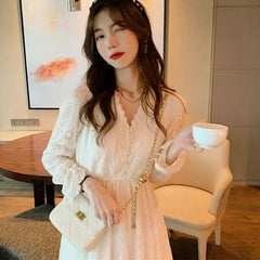 Hnewly DRESS TO IMPRESS Lace Vintage Fairy Dress Women Elegant Flare Sleeve Korean Party Midi Dress Casual Office Lady Slim Y2k Kawaii Dress