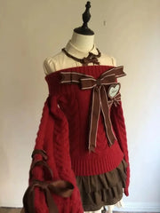 Hnewly Lazy Bow Off Shoulder Long Sleeve Loose Knitted Sweater Tops+ High Waist Ruched Skirts Autumn New Two Piece Sets
